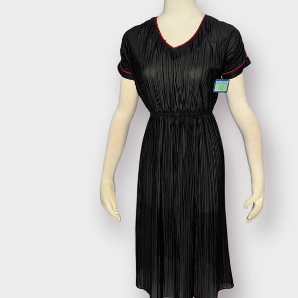 Vintage 70s Black Midi Dress with Red Trim - Picture 1 of 6